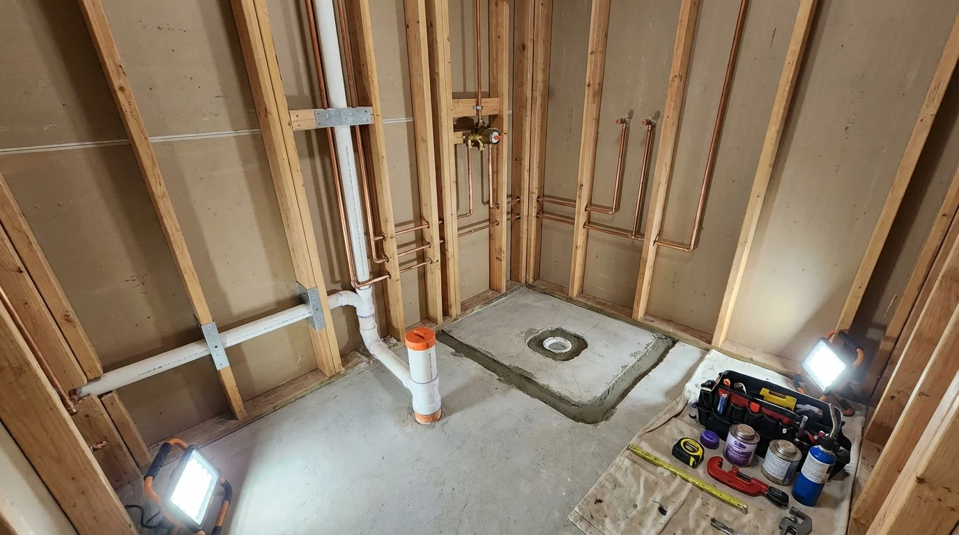 Bathroom rough-in plumbing during remodel by Johns Plumbing LLC in Ann Arbor