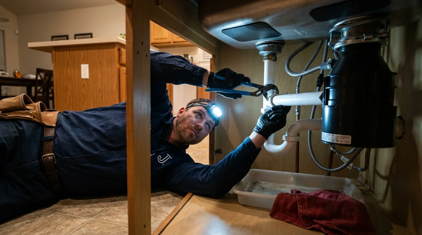 P-trap and supply line connections under a kitchen sink showing a common leak point in Ann Arbor, MI